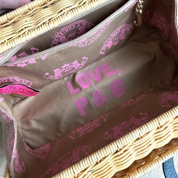 VTG Juicy Couture Rattan Basket Satchel Heart Lock Leather Trim Pink Lining Y2K - Picture 8 of 12